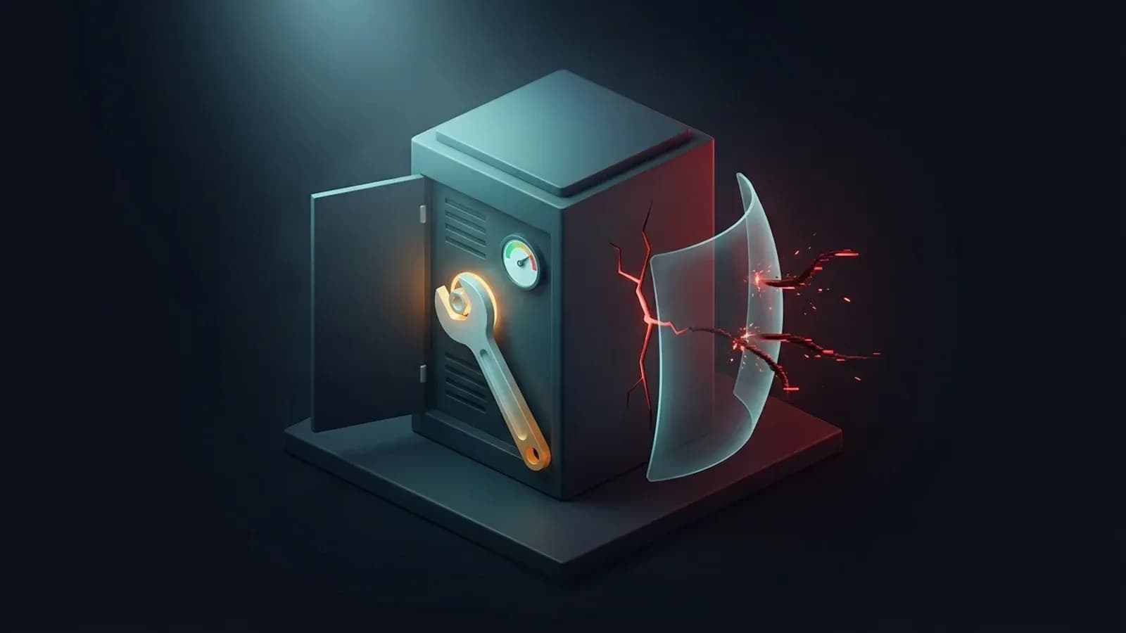 Illustration sombre d'un serveur en forme de coffre-fort : un cote ouvert pour la maintenance avec une cle et une jauge au vert, l'autre cote subit une breche rouge d'intrusion repoussee par un bouclier de protection