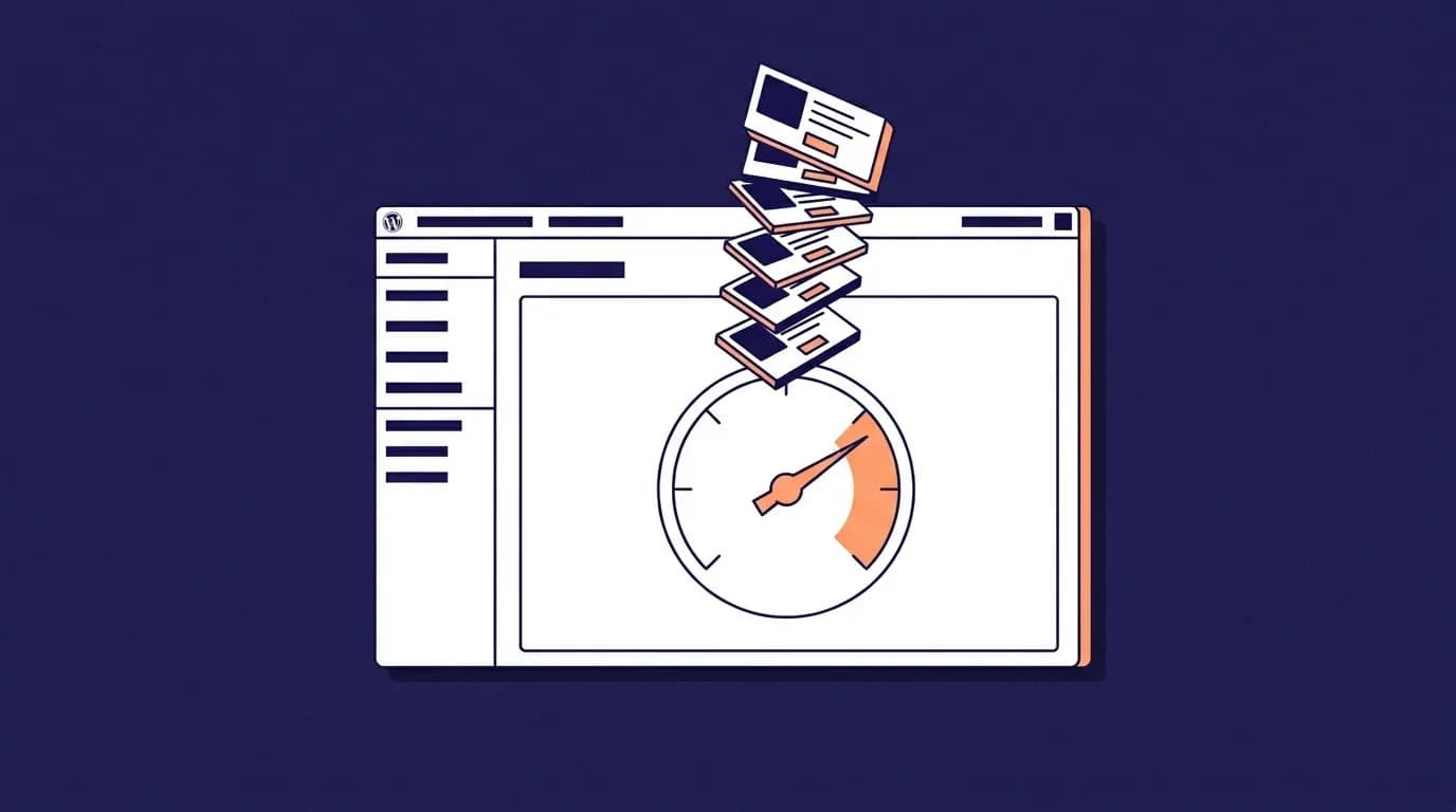 Illustration éditoriale d'un panneau d'administration WordPress stylisé avec sidebar gauche et jauge de performance dans le rouge orange, blocs plugins empilés qui débordent en haut du dashboard, fond indigo profond