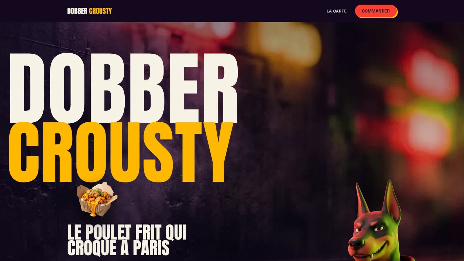 Miniature éditoriale du projet Dobber Crousty : une gamelle de chien émaillée crème mouchetée de rouge, remplie de morceaux de poulet frit ultra-croustillant, sur un fond orange saturé avec une ombre nette portée, et le nom « Dobber Crousty » en grotesk condensé gras ivoire sur le tiers droit