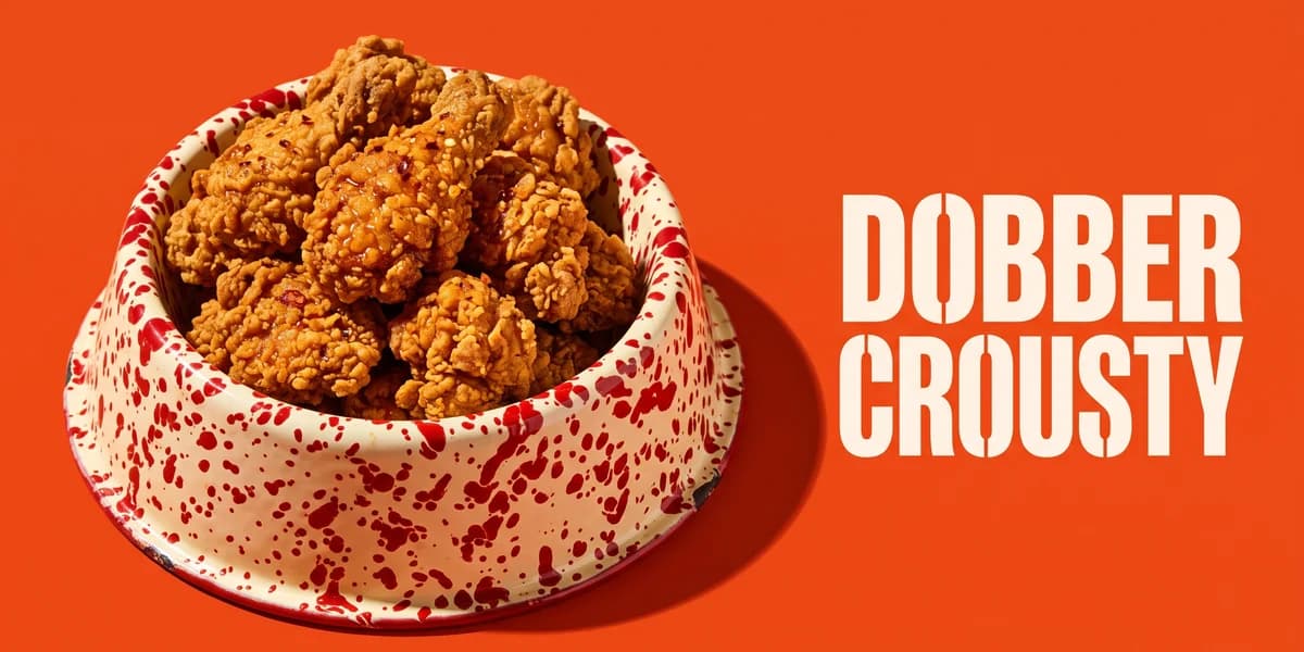 Miniature éditoriale du projet Dobber Crousty : une gamelle de chien émaillée crème mouchetée de rouge, remplie de morceaux de poulet frit ultra-croustillant, sur un fond orange saturé avec une ombre nette portée, et le nom « Dobber Crousty » en grotesk condensé gras ivoire sur le tiers droit