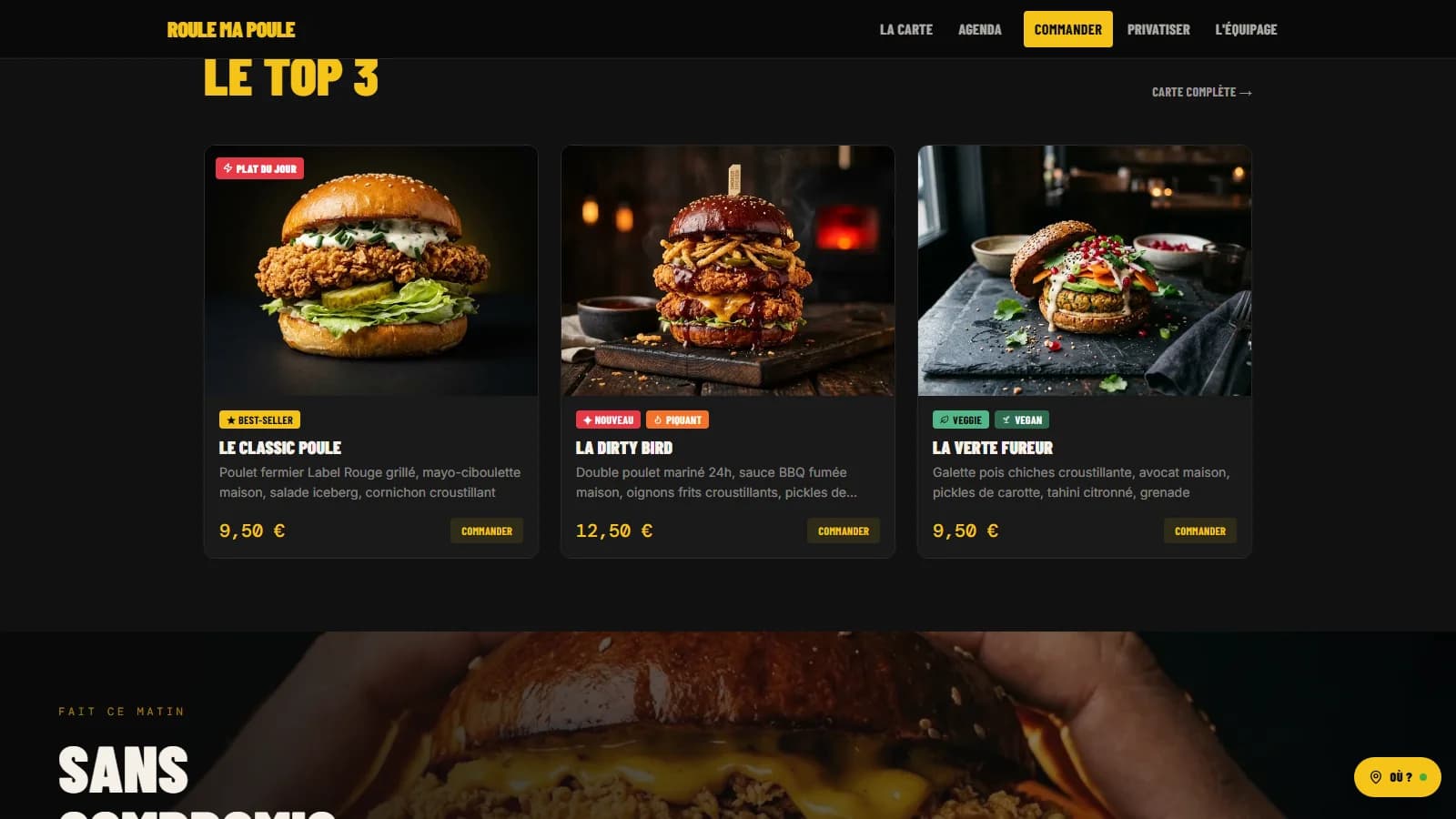 Vitrine LE TOP 3 avec trois burgers signatures et leurs prix