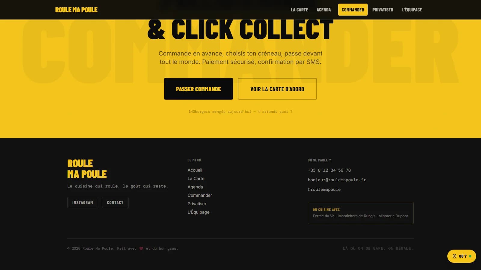 Section Précommande & Click & Collect introduite par une photo de burger