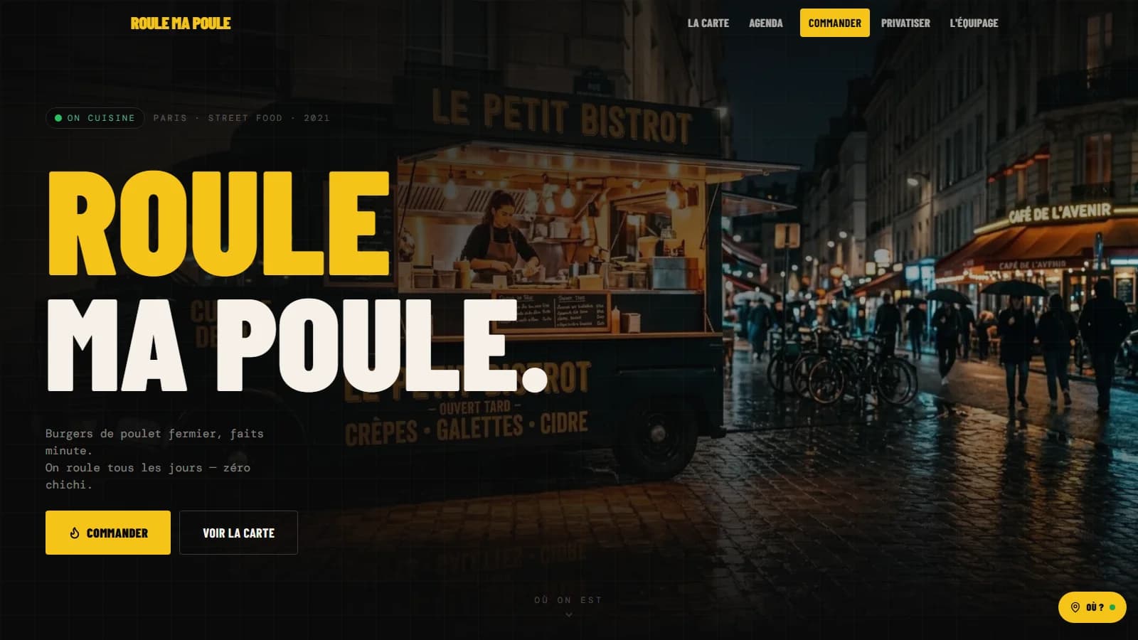 Page d’accueil du site fictif Roule Ma Poule avec le food-truck et la baseline « La cuisine qui roule, le goût qui reste »