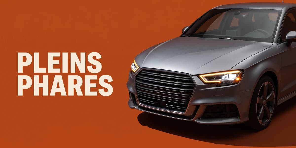 Miniature éditoriale du projet Pleins Phares : l'avant d'une voiture moderne grise aux phares LED allumés, sur fond uni orange terracotta, ombre nette portée, et le nom « Pleins Phares » en grotesk gras ivoire sur le tiers gauche