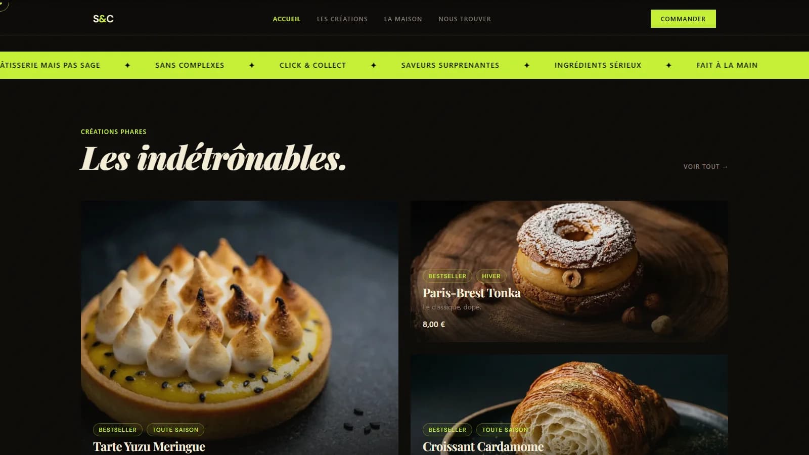 Section « Les indétrônables » avec tarte Yuzu Meringue et Paris-Brest Tonka