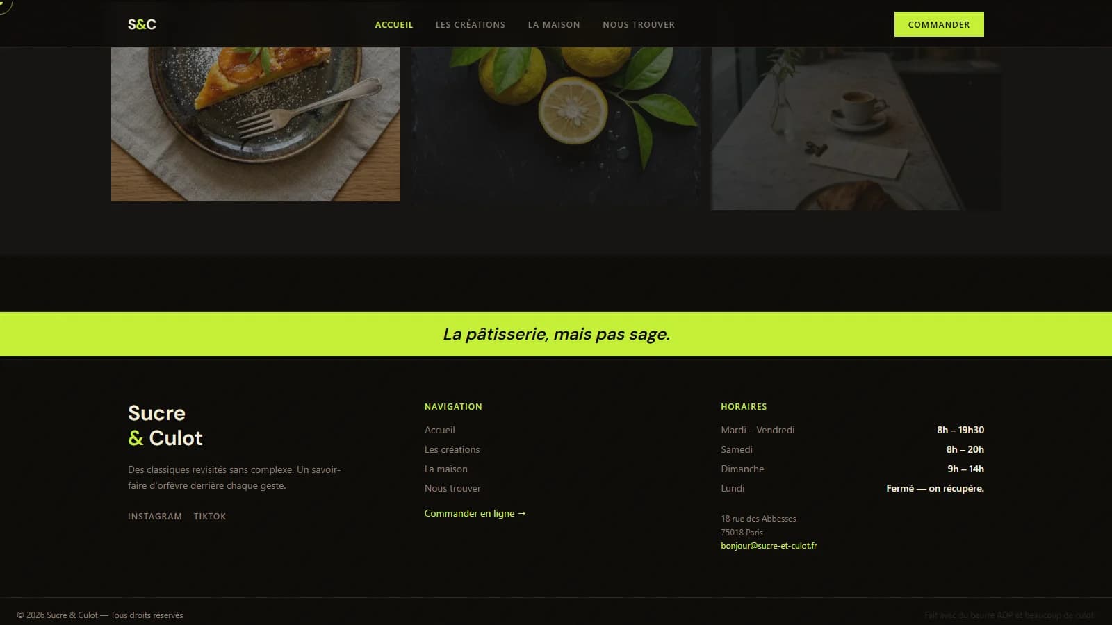 Trio éditorial — tarte, agrumes frais et café — avec rappel de la signature pâtissière