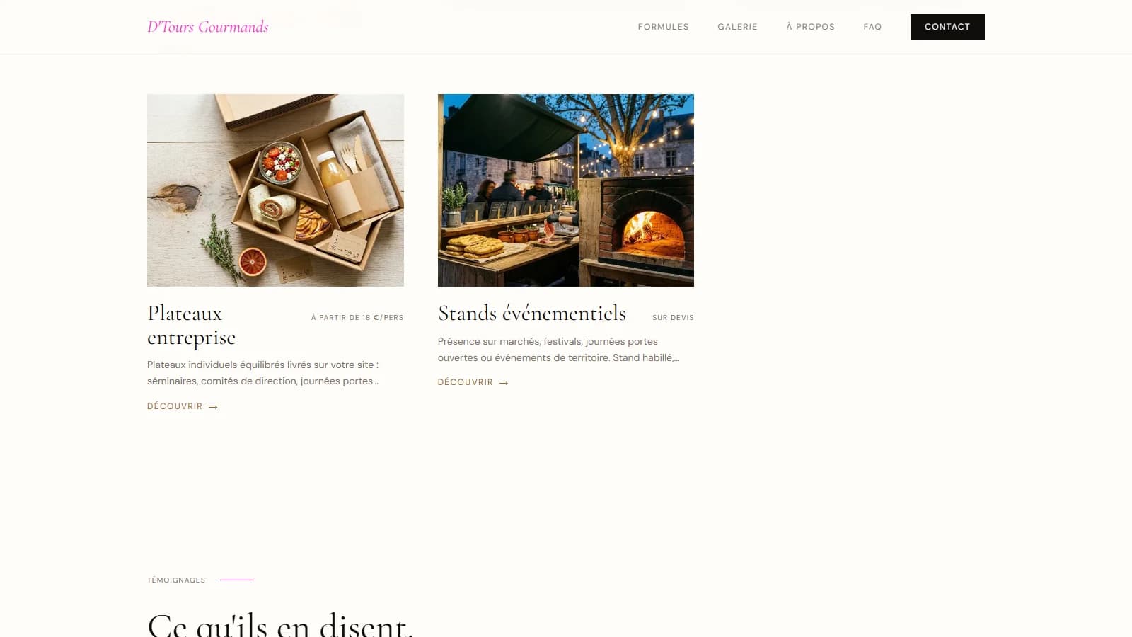 Vue d'ensemble des cinq formules (cocktail dînatoire, buffet salé-sucré, repas assis, plateaux entreprise, stands événementiels) avec prix de départ