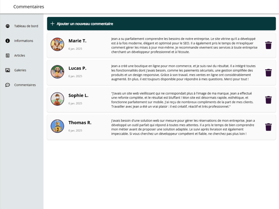 Capture d'écran de la gestion des commentaires