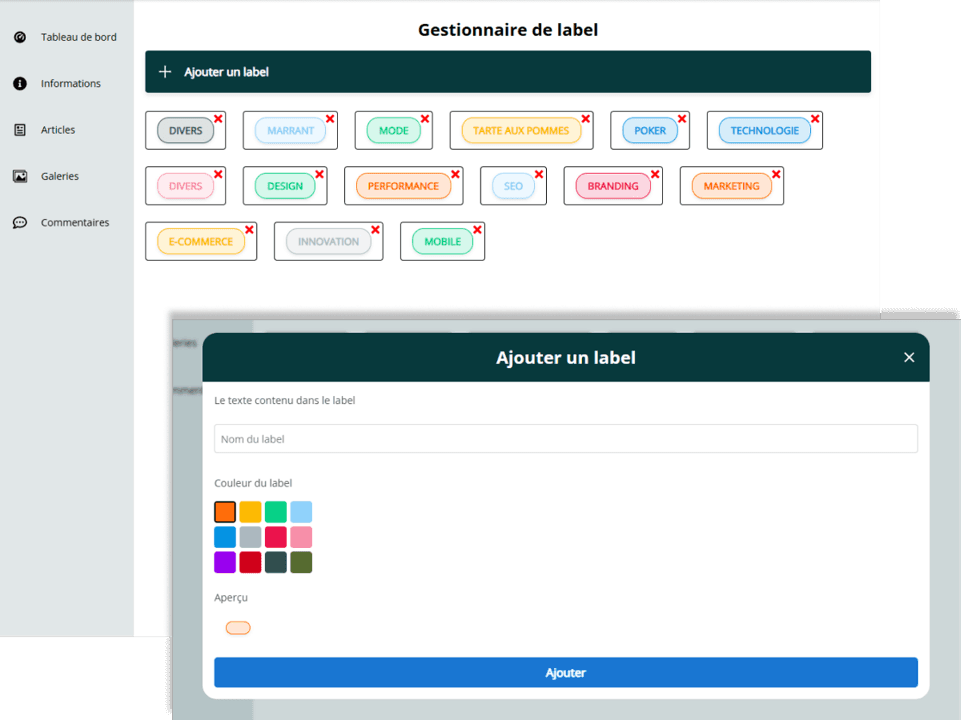 Capture d'écran de la gestion des publications