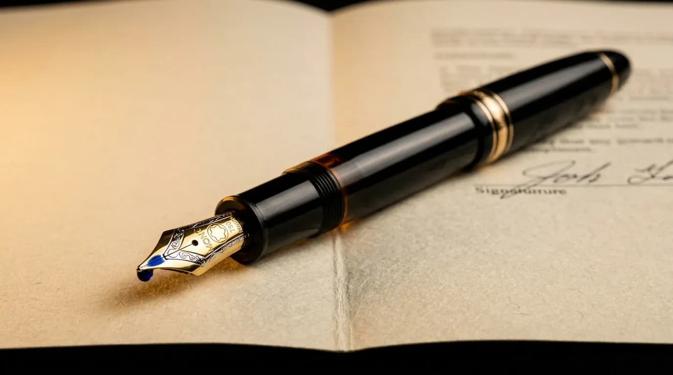 Stylo plume noir avec goutte d'encre bleue posé sur un contrat papier signé, en lumière latérale chaude