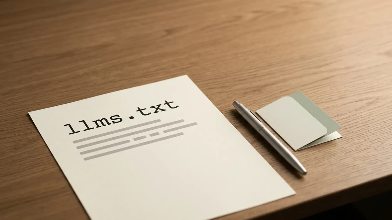 Feuille de papier imprimee du fichier llms.txt posee sur un bureau en chene, a cote d'un stylo