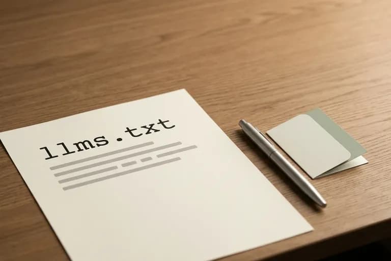 Feuille de papier imprimee du fichier llms.txt posee sur un bureau en chene, a cote d'un stylo