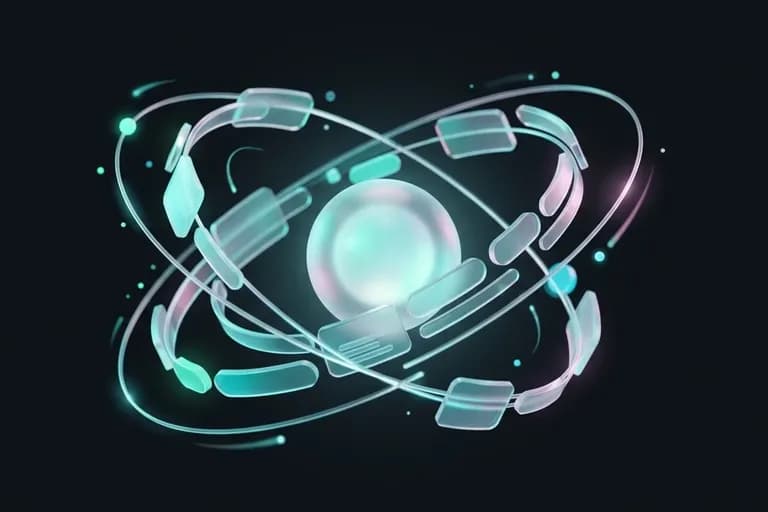 Composition 3D en verre d'un noyau entoure d'orbites portant des composants d'interface, style React