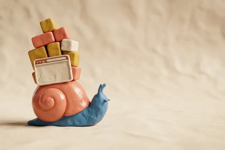Escargot en pate a modeler portant un navigateur surcharge de blocs, metaphore d'un site WordPress lent