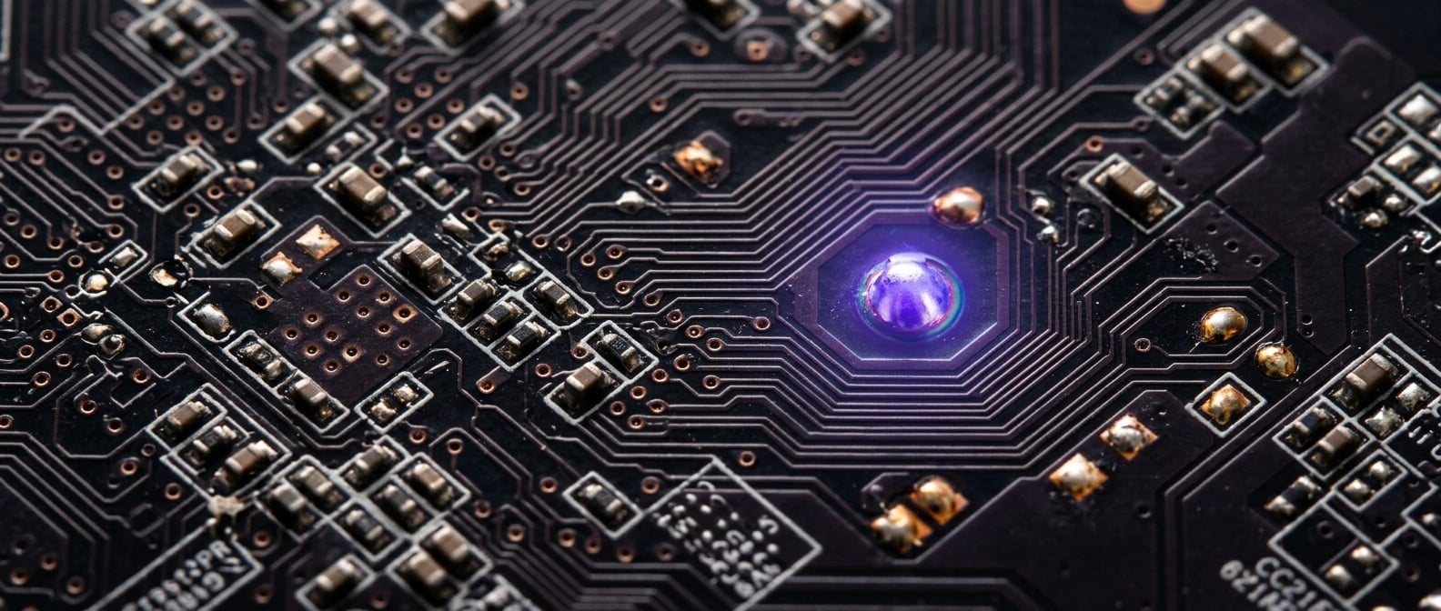 Macro extrême d'une carte de circuit imprimée, pistes cuivre et composants en relief. Un seul point central glow en violet tekhelet émet une bloom lumineuse, le seul accent de couleur de la composition. Photographie éditoriale tech sur fond sombre.