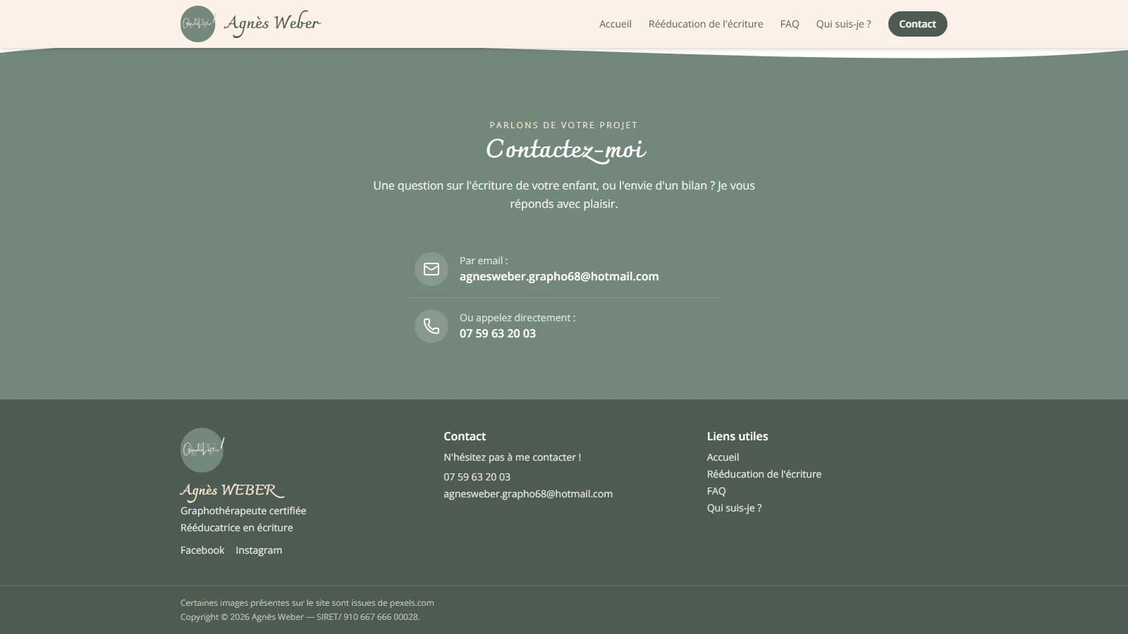 Section de contact « Contactez-moi » avec email, téléphone et pied de page