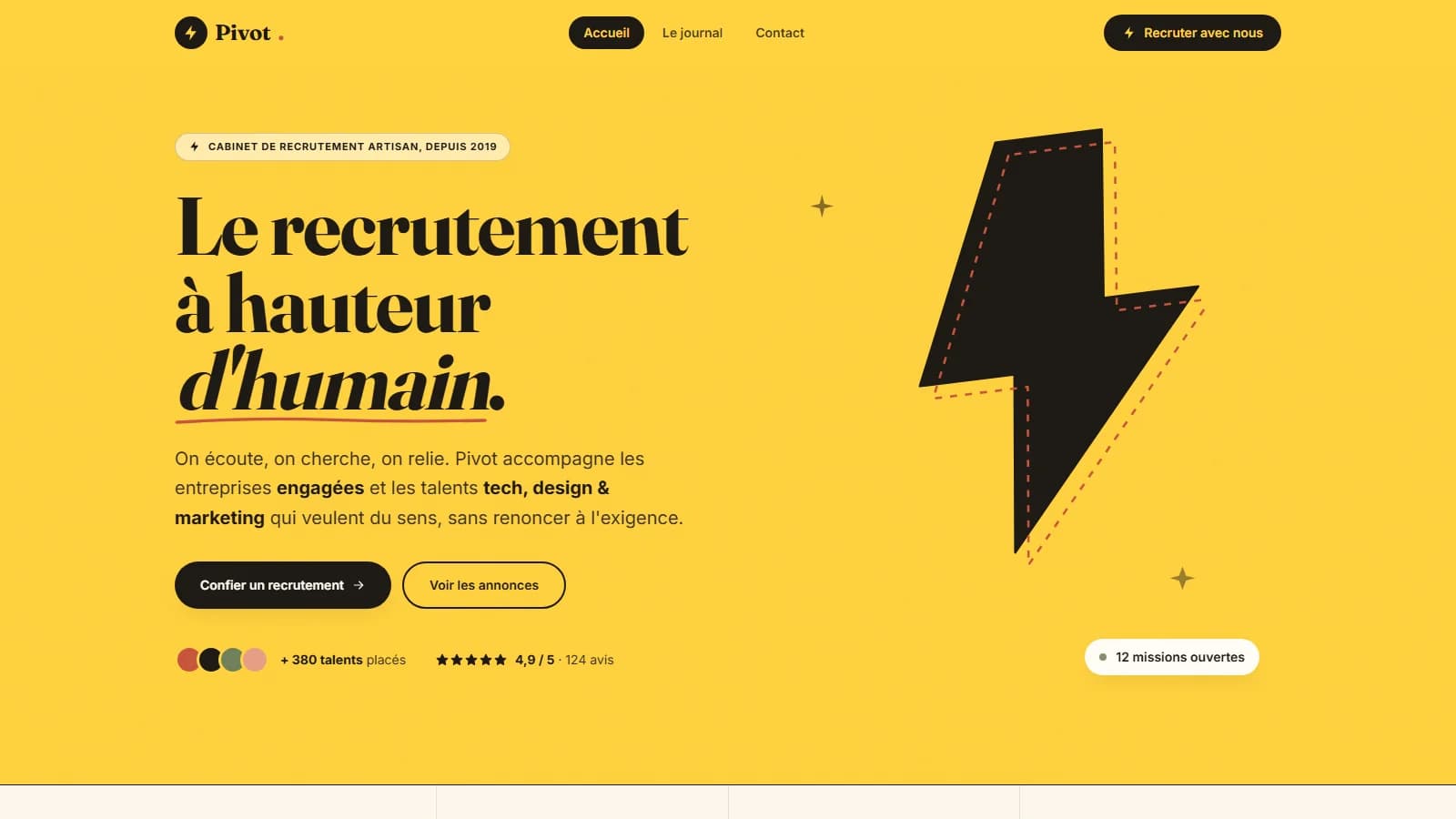Page d'accueil du site fictif Pivot Recrutement avec le titre « Le recrutement à hauteur d'humain »