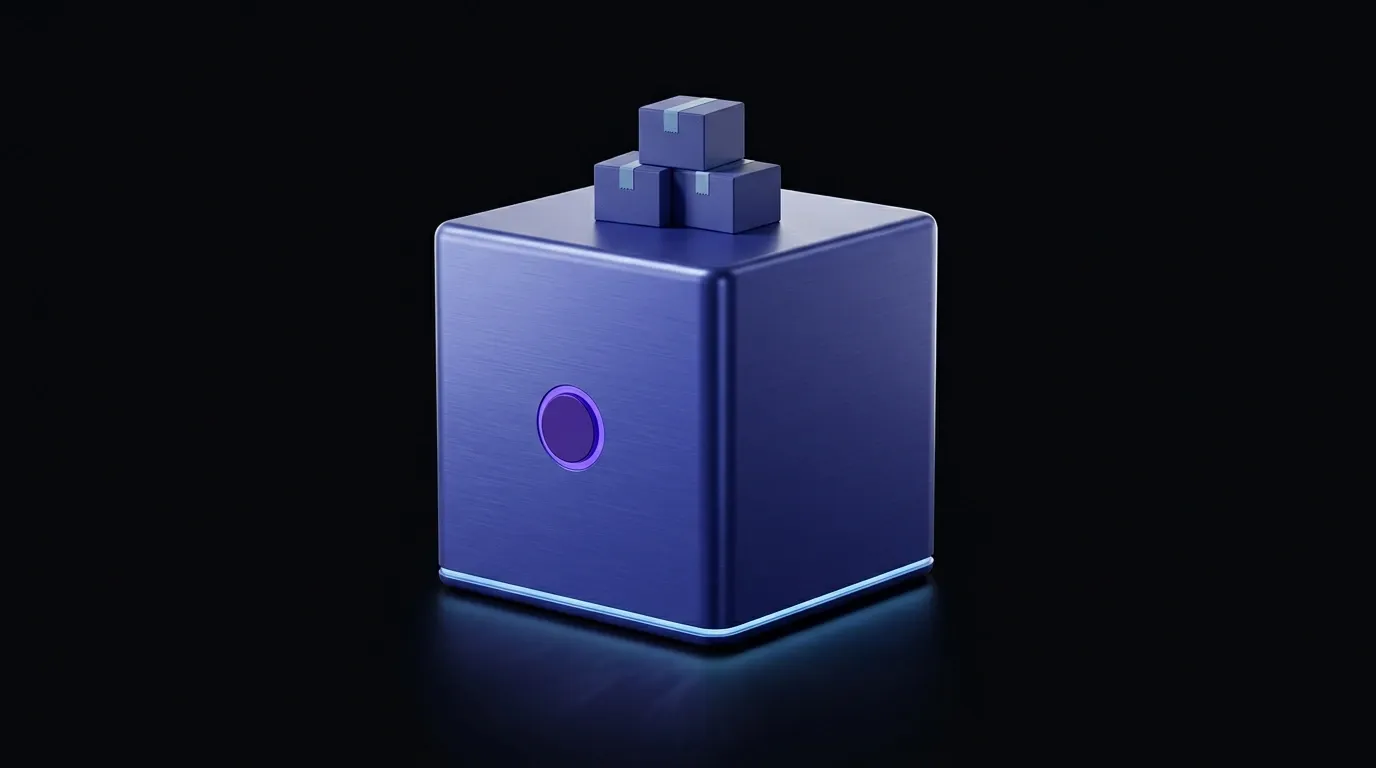 Cube indigo en aluminium brosse avec bouton paiement violet et anneau LED glaucious, trois mini-boites d'expedition sur le dessus, sur fond noir, metaphore d'une boutique Shopify cle en main