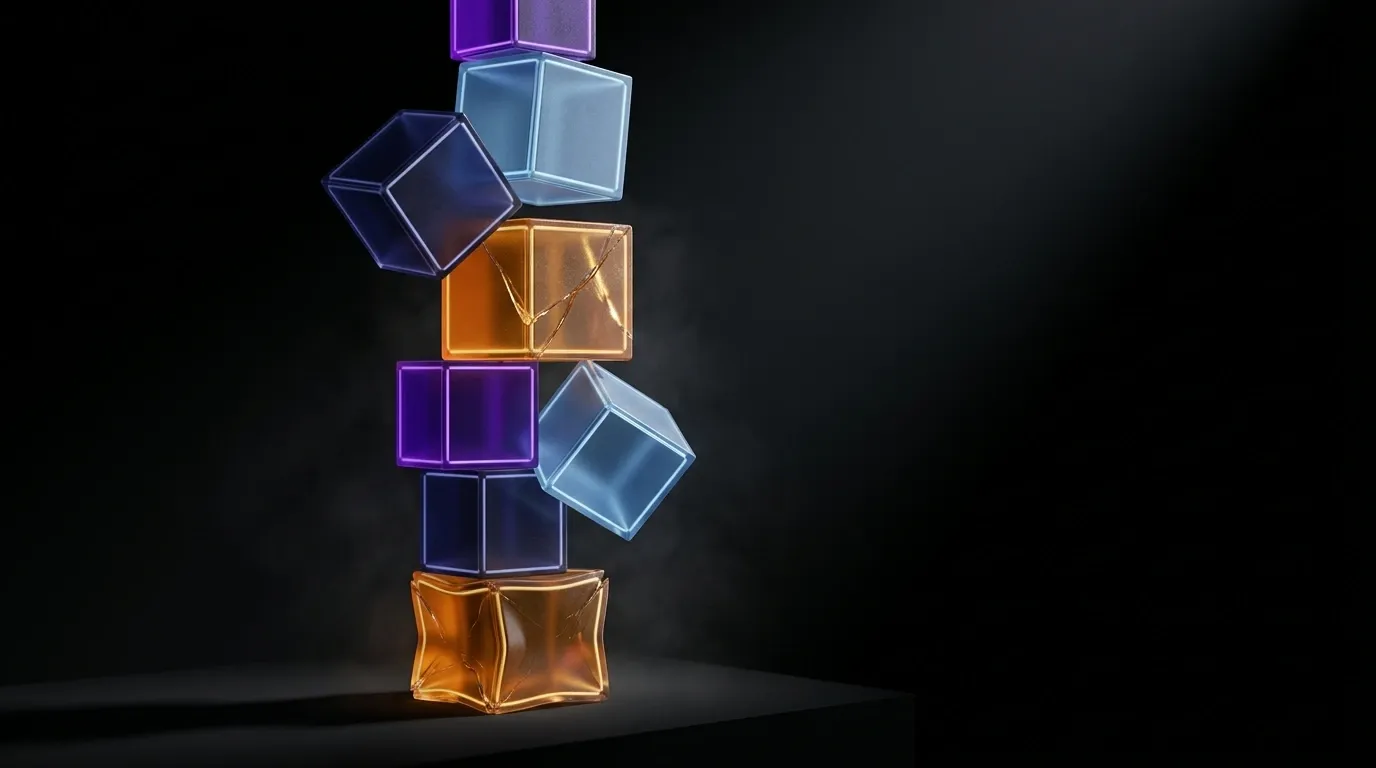 Tour 3D instable de modules cubiques translucides indigo, glaucous, violet et ambre empiles en equilibre precaire, base ecrasee et fissuree, fond noir mat