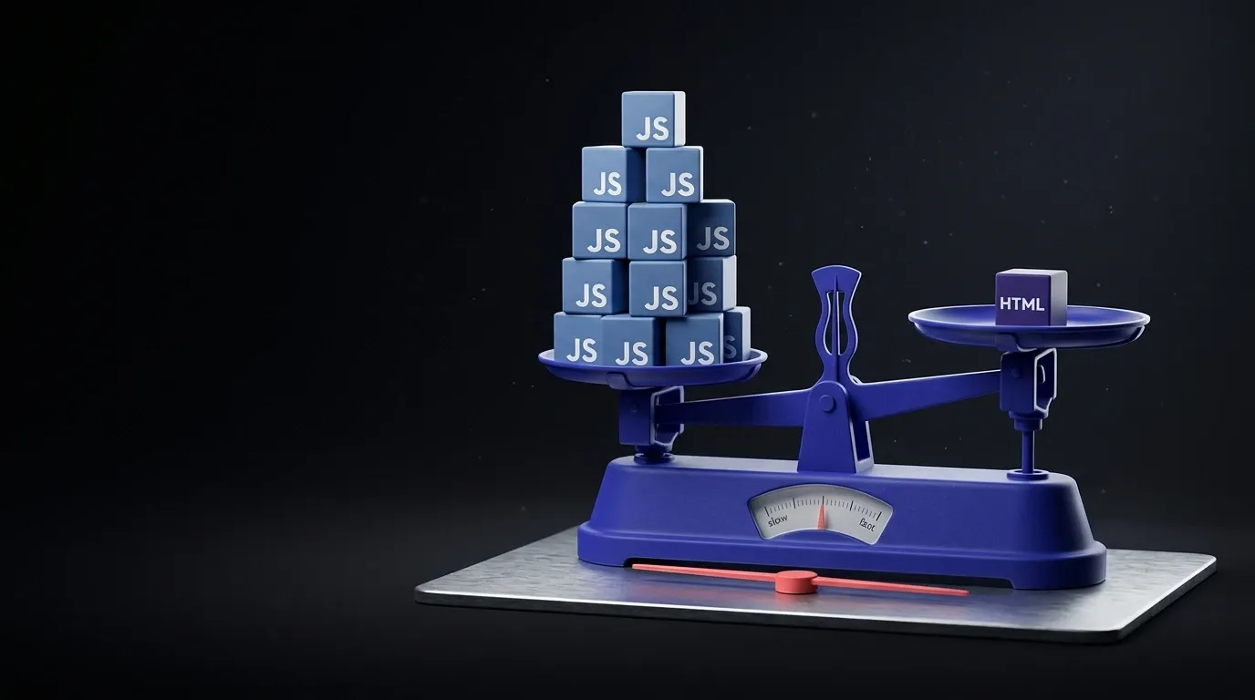 Balance analogique en resine indigo sur fond noir : a gauche un empilement vacillant de cubes 'JS' fait pencher le plateau vers le bas, a droite un seul cube 'HTML' violet tekhelet repose, leger, en hauteur, illustrant le bundle JavaScript allege et la performance gagnee avec les React Server Components.