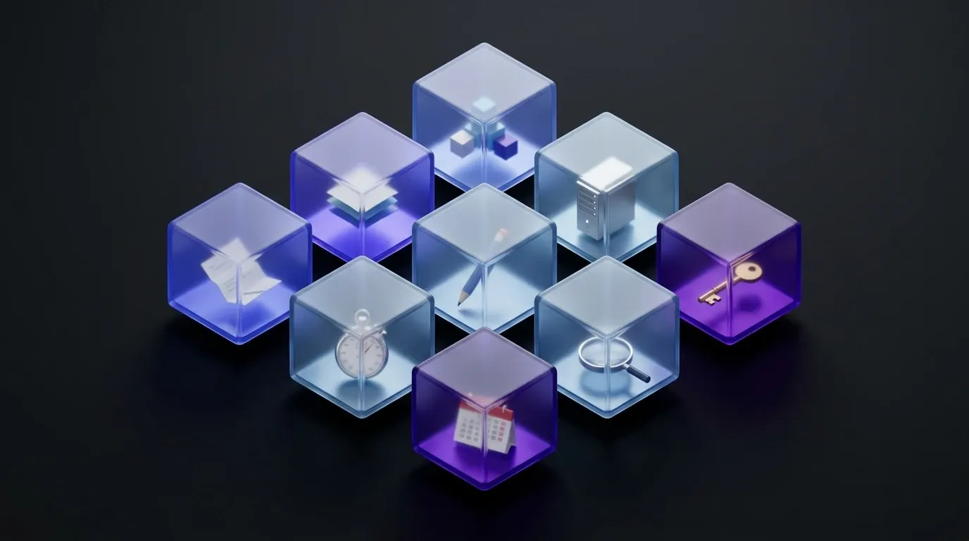 Grille 3D isométrique de 9 cubes translucides flottant sur fond noir mat, chacun contenant un objet symbolique (papier, blocs, serveur, cle en laiton, loupe, chronometre, calendrier) eclaire en indigo, bleu glaucious et violet tekhelet