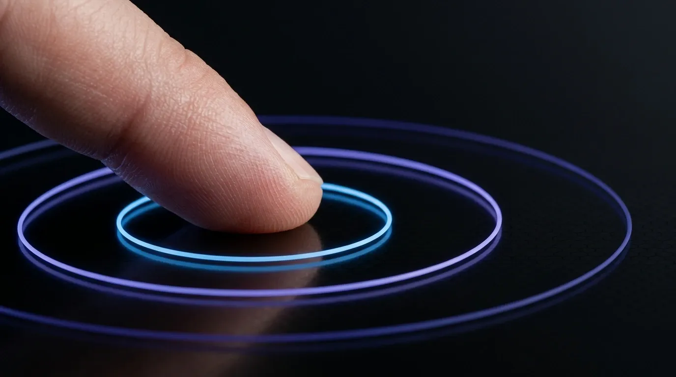 Doigt appuyant sur une surface tactile noire avec onde de reponse en trois cercles concentriques bleu et violet, illustration metaphorique de la reactivite INP