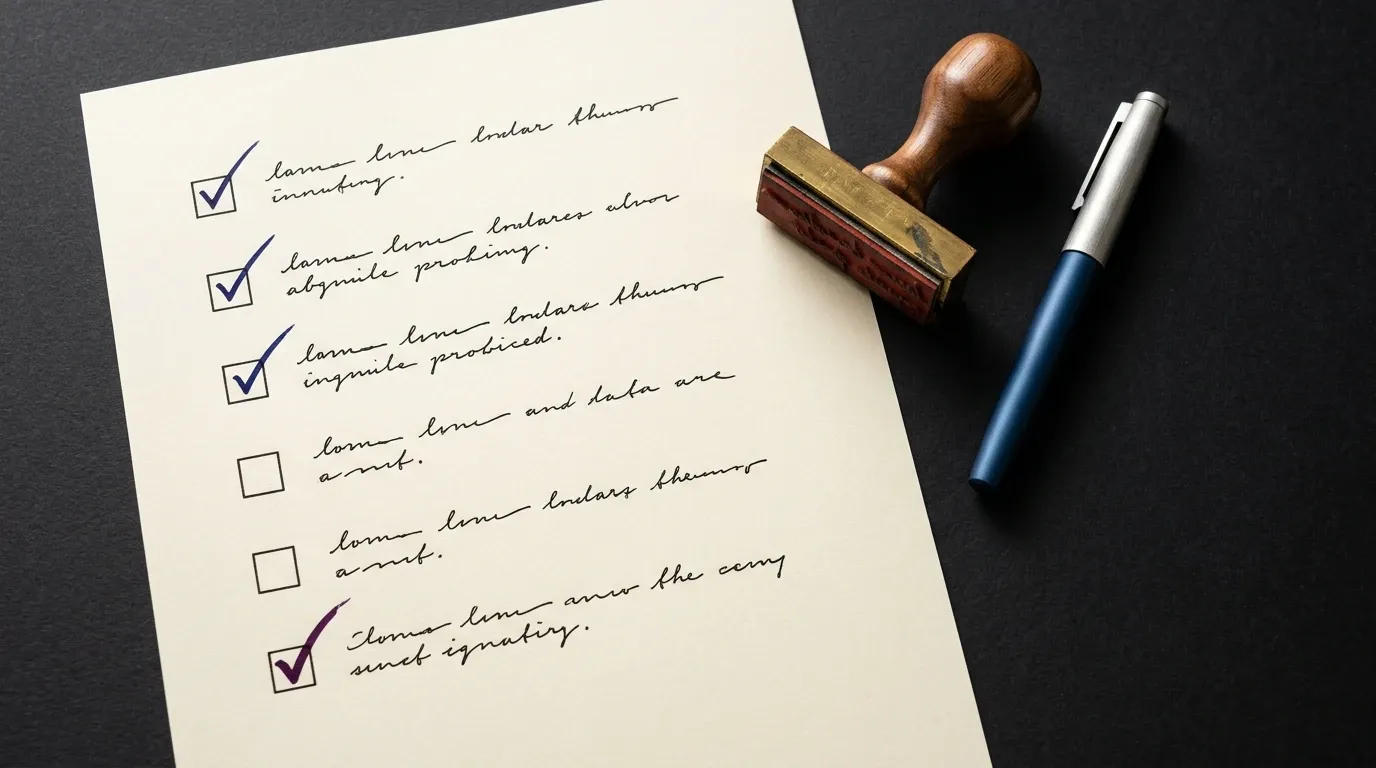 Checklist contractuelle manuscrite a 6 lignes sur papier creme, 3 cases cochees a l'encre indigo, 2 vides, la derniere cochee en violet tekhelet, posee sur fond noir mat avec un tampon en laiton et un stylo plume bleu