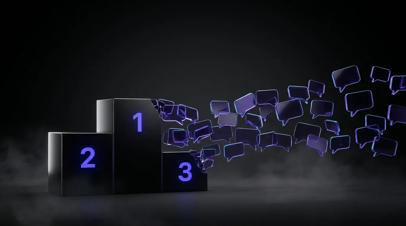 Illustration 3D du basculement du SEO position au SEO citation : un podium matte noir aux marches 1 2 3 indigo se dissout en bulles de citation violettes flottantes