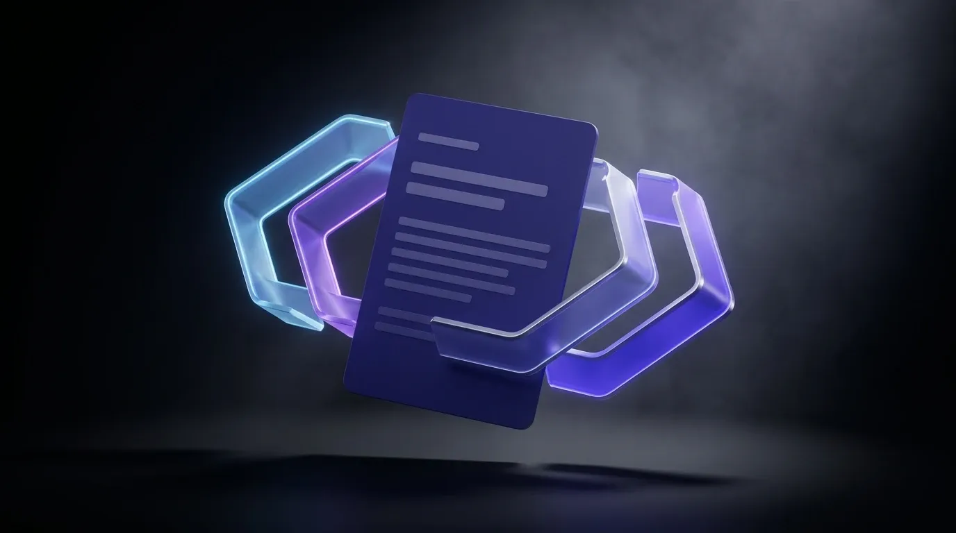Carte de contenu indigo enveloppee par trois balises schema.org en verre frosted bleu violet et indigo, symbolisant les donnees structurees Article FAQPage Organization