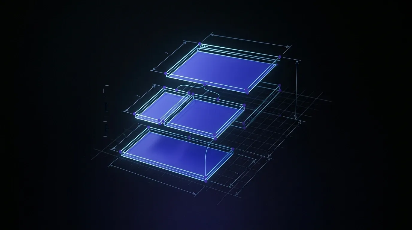 Empilement 3D de panneaux UI en wireframe bleu glaucious et indigo flottant sur fond noir, metaphore d'un site full code Next.js